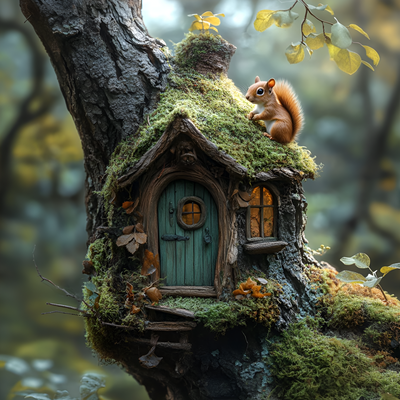 Enchanted acrylic glass image with forest fairy house and squirrel, vibrant colors.